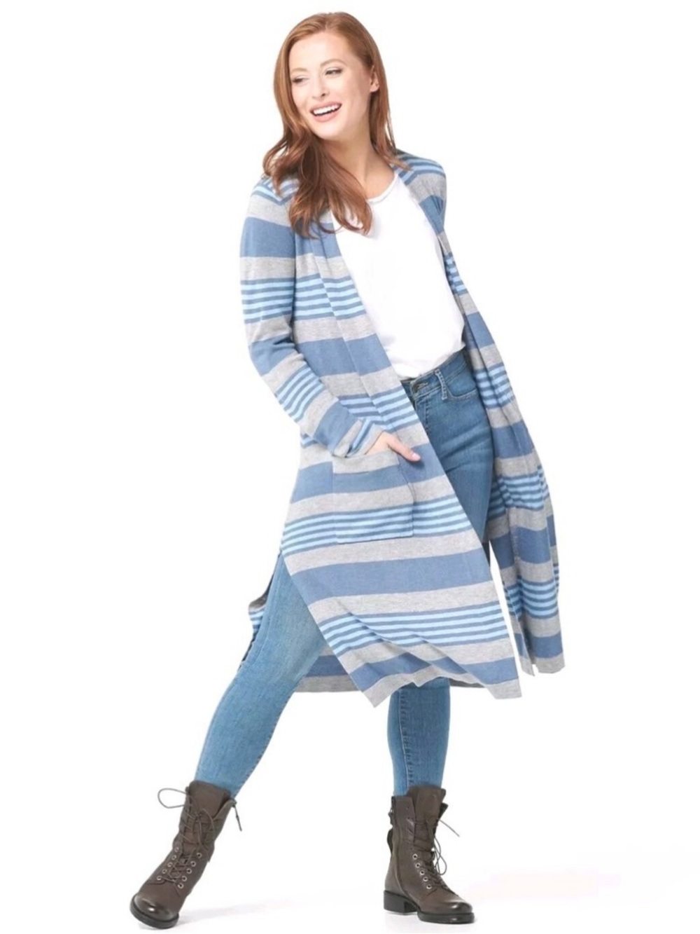 Laurie Felt Women's Blue Cashmere Blend Striped Open Front Cardigan 1X NWOT